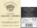 Etiketa Château Grand Corbin 2008 Appellation Saint-Émilion Grand Cru Classe Contrôlée (AOC) - Château Grand Corbin, Francie.