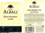 Etiketa Viña Albali 1999 Denominación de Origen (DO) (Gran Reserva) - Viña Albali Reservas S.A., Španělsko.