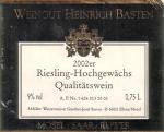 Etiketa Silberberger Hochgewächs Riesling 2002 Qualitätswein - Weingut Heinrich Basten, Německo.