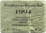 Zlatá etiketa, které neuvádí ani vinařskou oblast. Svatovavřinecké 1994 odrůdové jakostní (archivní) - ZVOS a.s. Hustopeče. 