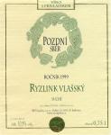 Etiketa Ryzlink vlašský 1999 pozdní sběr – Réva plus, s.r.o. Rakvice.