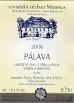 Etiketa Pálava 2006 výběr z hroznů - Sklep Rybníky - Jaroslav Tichý.