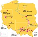 Mapa vinařských oblastí Polska.