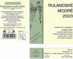 Etiketa Rulandské modré 2003 pozdní sběr - Pavlovín s.r.o. Velké Pavlovice.