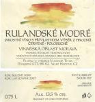 Etiketa Rulandské modré 2006 výběr z hroznů - Vinařství Vladimír Tetur Velké Bílovice.