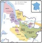 Mapa vinařských podoblastí v Bordeaux. Fronsac je malá žlutá část ve středu mapky. Zdroj: http://quentinsadler.files.wordpress.com