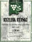 Popis: Etiketa Ryzlink rýnský 1998 odrůdové jakostní - Vinohrady rodiny Šupkovy.