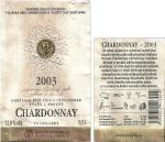 Viněta vína Chardonnay 2003 výběr z hroznů - Znovín Znojmo a.s.. Zub času a vlhkost sklepa se podepsaly viditeně na kvalitě skenu.