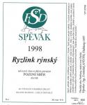 Popis: Etiketa Ryzlink rýnský 1998 pozdní sběr - Vinařství Spěvák a synové Dubňany.