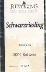 Etiketa Schwarzriesling 2004 Qualitätswein (odrůdové jakostní) - Rheinhessen, Německo.