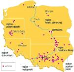 Mapa vinařských oblastí v Polsku.