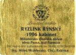Etiketa Ryzlink rýnský 1996 kabinet - Vinselekt-šlechtitelská stanice vinařská Rakvice