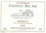 Etiketa Château Bel Air 2002 Appellation Bordeaux Contrôlée (AOC) - Maison Schröder & Schüler, Francie.