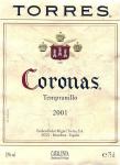 Etiketa Coronas 2001 Denominación de Origen (DO) - Miguel Torres, S.A., Barcelona, Španělsko.