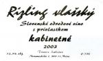 Etiketa Rizling vlašský 2003 kabinetné (kabinet) - Vinárstvo Trnovec Nitra, Slovensko.